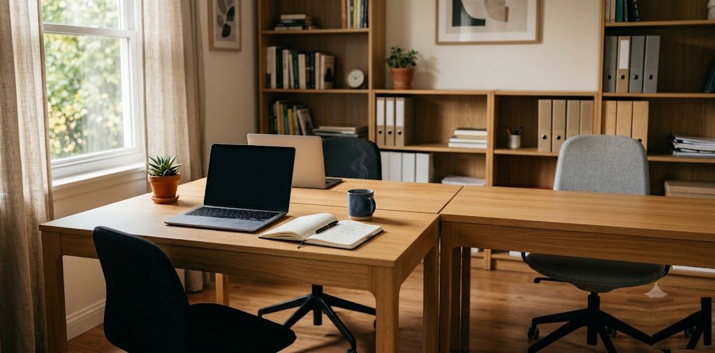 A clean bookkeeping office with two wooden desks side by side, one active with a laptop and notebook, one empty and neatly arranged, representing capacity to grow without adding staff