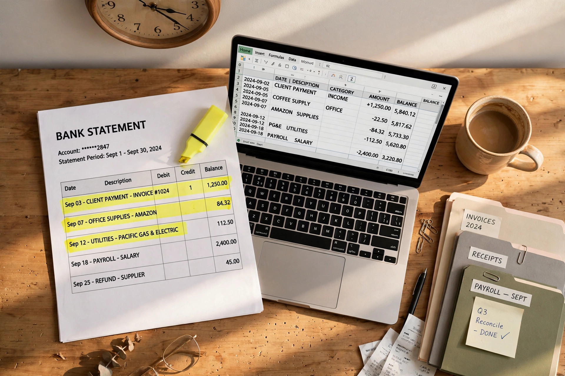A bookkeeper's desk with a bank statement, a laptop showing a transaction spreadsheet, and a wall clock