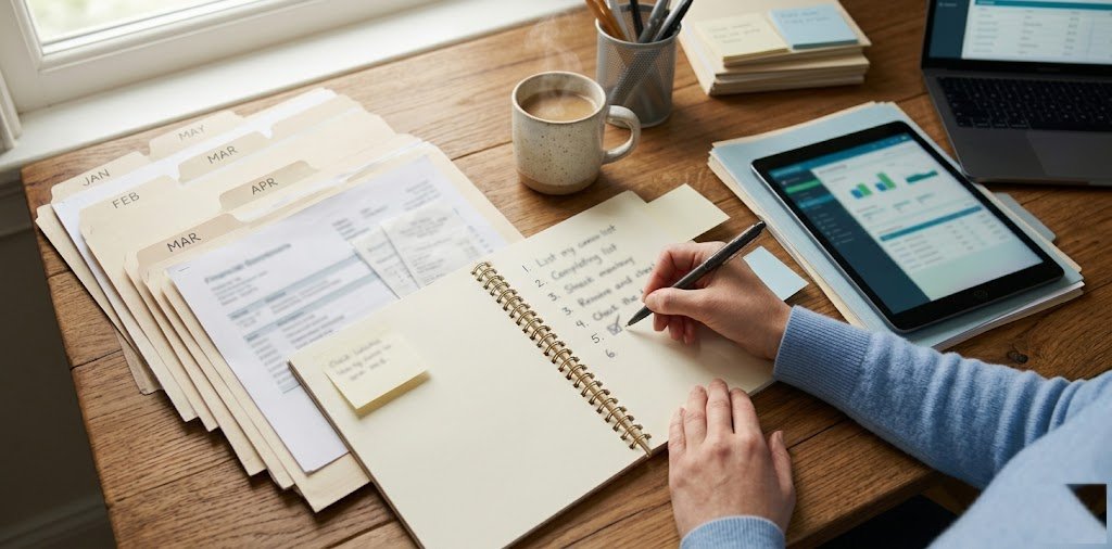 A bookkeeper working methodically through a catch-up project: organized monthly folders labeled by month, a numbered checklist in an open notebook, and a tablet showing clean financial data