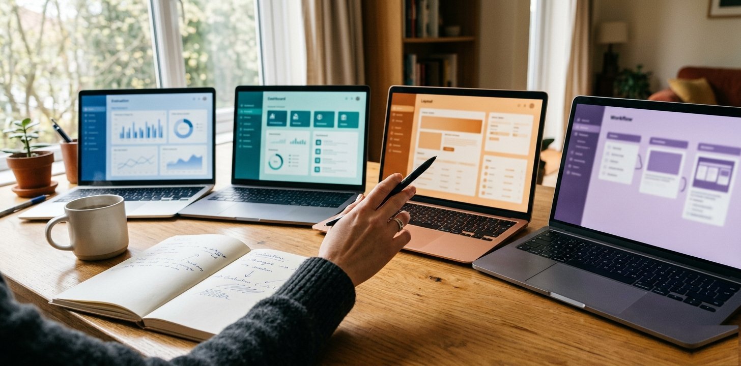 Bookkeeper comparing software options on multiple laptops with a notebook open for taking notes