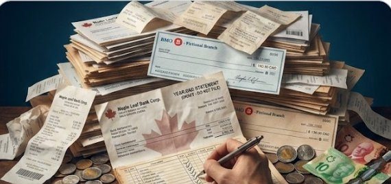 Stack of Canadian bank statements and receipts representing manual bookkeeping data entry