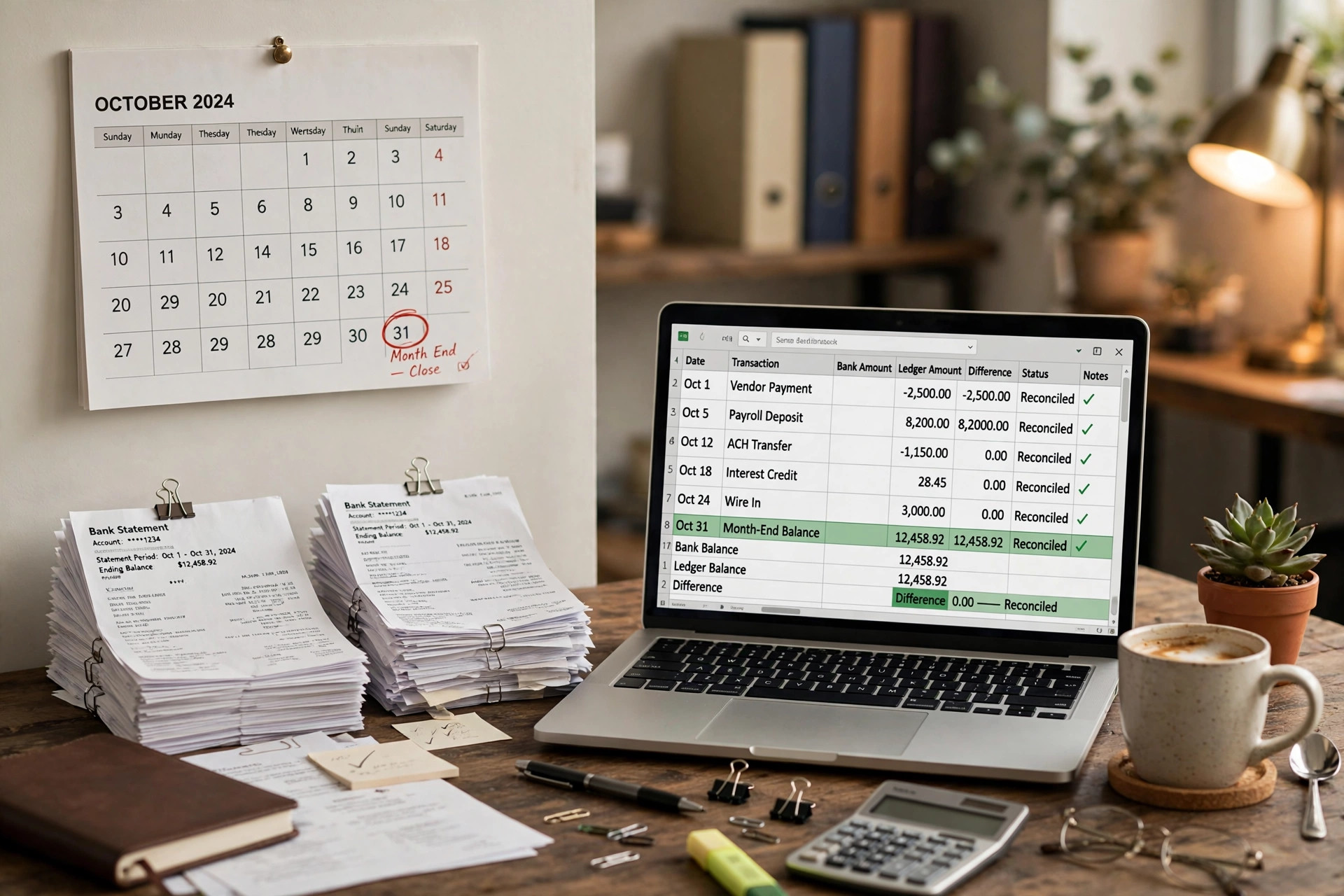 A bookkeeper's desk at month-end close with a laptop showing financial reports, stacked statements, and a calendar
