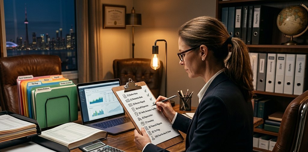 A firm owner working through a year-end bookkeeping checklist on a clipboard, with color-coded client folders, a laptop dashboard, and binders labeled by year